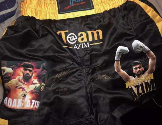 Adam Azim (IBO world champion) & Hassan Azim Duel Signed Custom Boxing Shorts