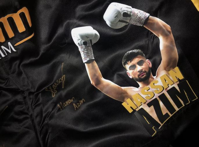 Adam Azim (IBO world champion) & Hassan Azim Duel Signed Custom Boxing Shorts