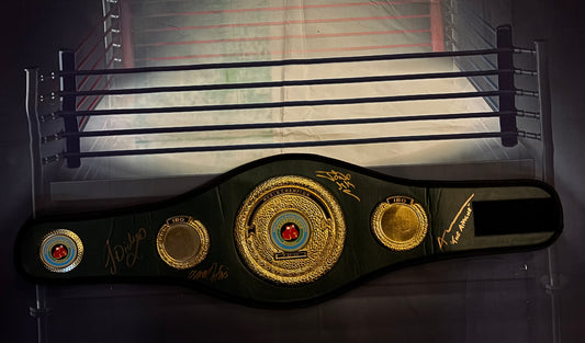 Anthony Cacace Jono Carroll James 'Jazza' Dickens & Caroline Dubois signed replica IBO Mini Belt