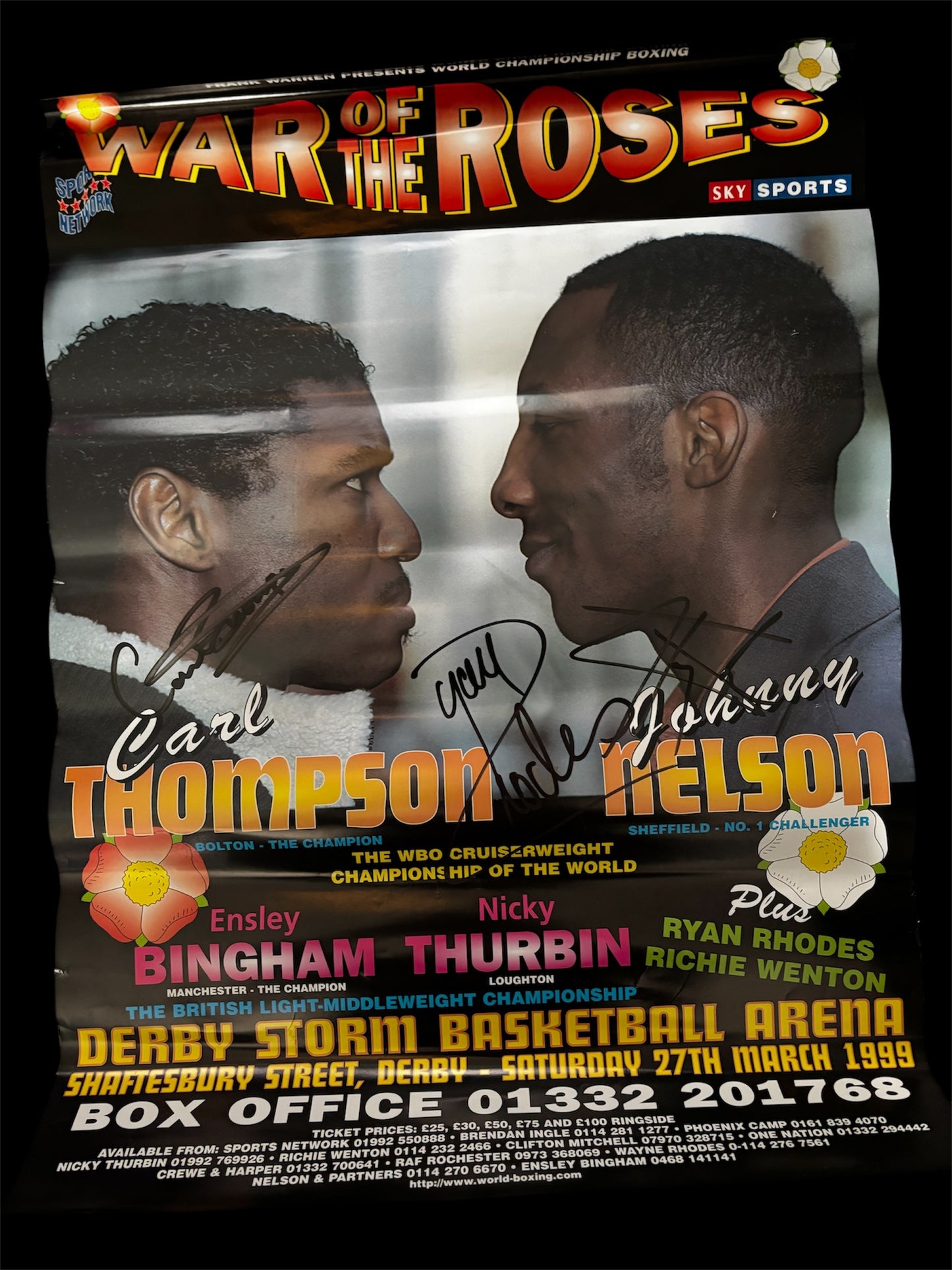 Carl Thompson vs Johnny Nelson duel signed fight poster plus Ryan Rhodes signed