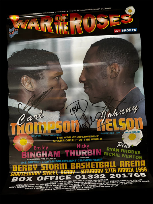 Carl Thompson vs Johnny Nelson duel signed fight poster plus Ryan Rhodes signed