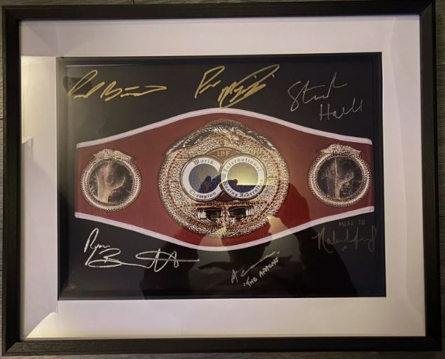IBF world title belt 16x12 inch framed poster signed by 6 IBF champions